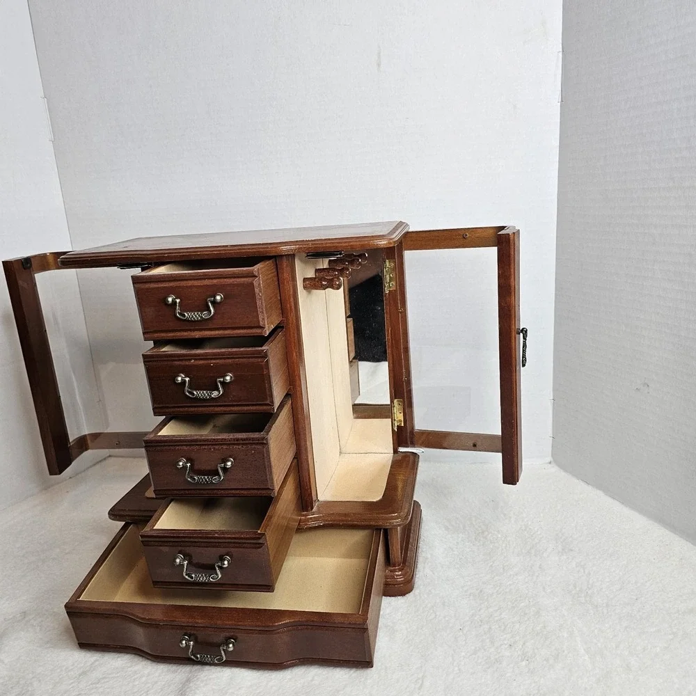 Vintage Wooden Jewelry Armoire Box Glass Side Doors 5 Drawers Brass Pulls Brown